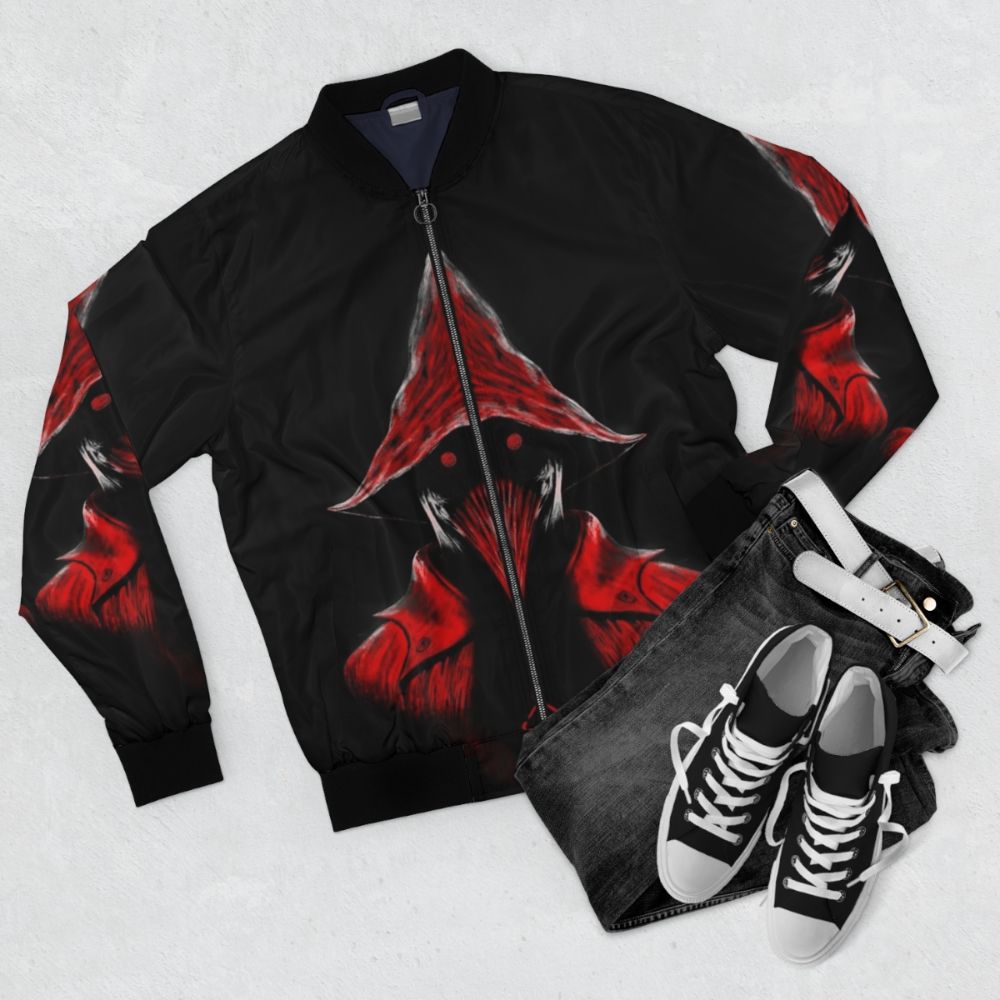 Bloodborne hunter bomber jacket with Eileen the Crow design - Flat lay