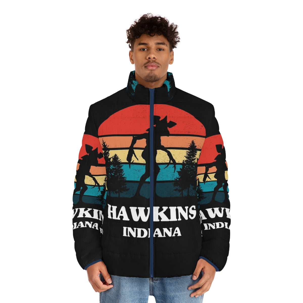 Stranger Things Demogorgon Puffer Jacket featuring Hawkins, the Upside Down, and 80s references - men front