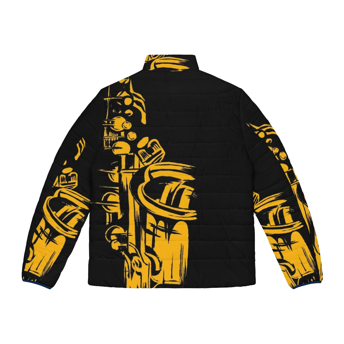 Saxophone Keywork Puffer Jacket featuring a silhouette of a saxophone player against a reflective, metallic background - Back