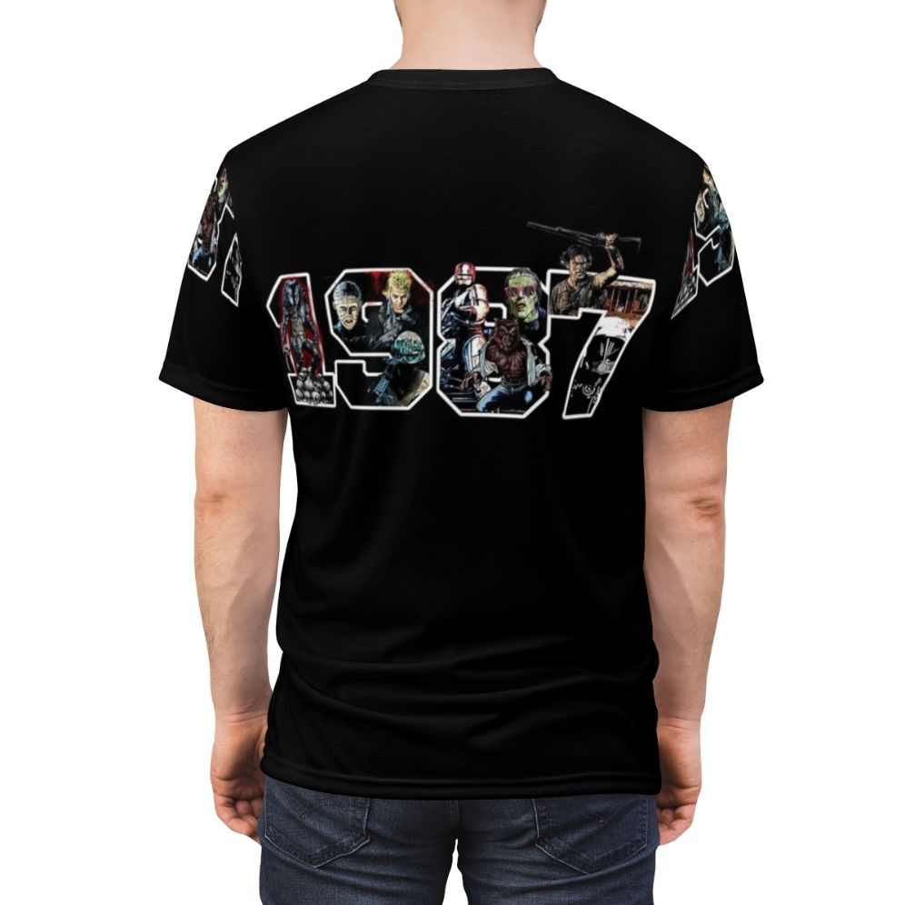 Retro 1980s movie-inspired t-shirt with iconic 1987 films and characters - men back