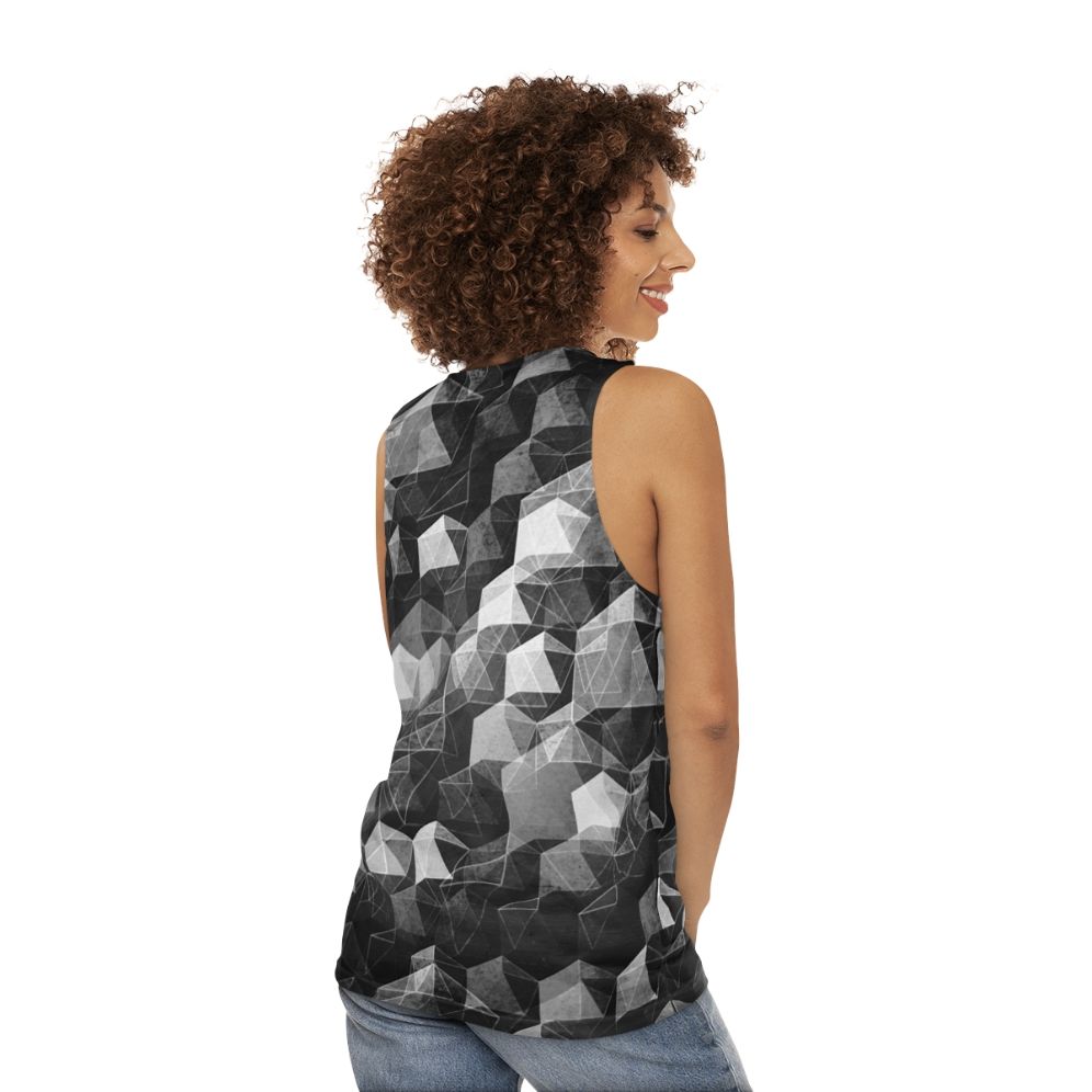 Monochrome geometric unisex tank top with abstract curtain falls design - women back