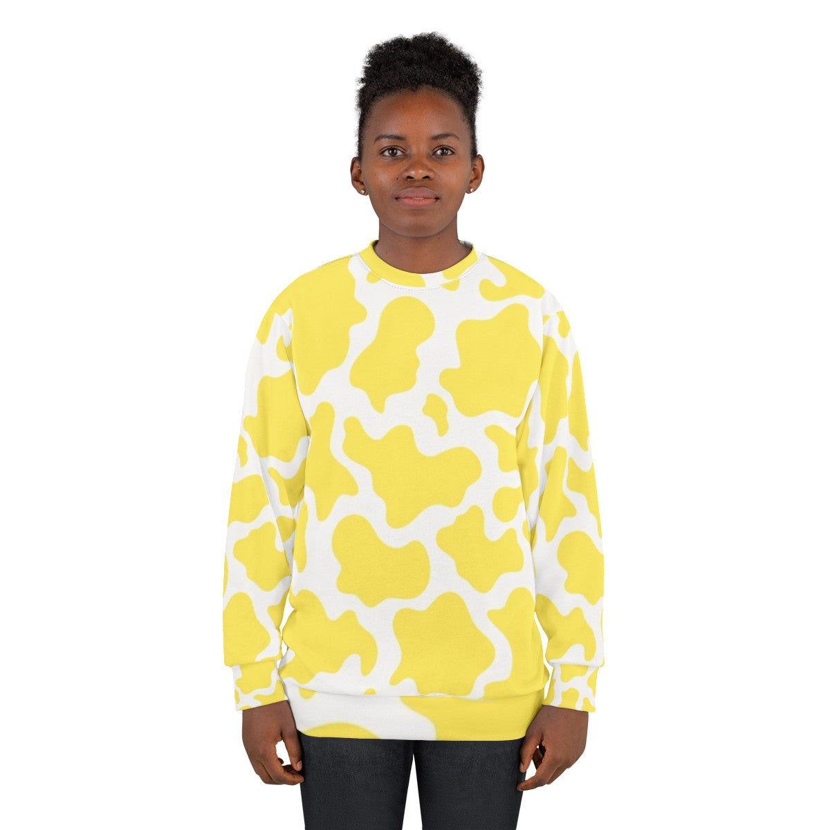 Yellow cow print sweatshirt with textured animal skin pattern - women