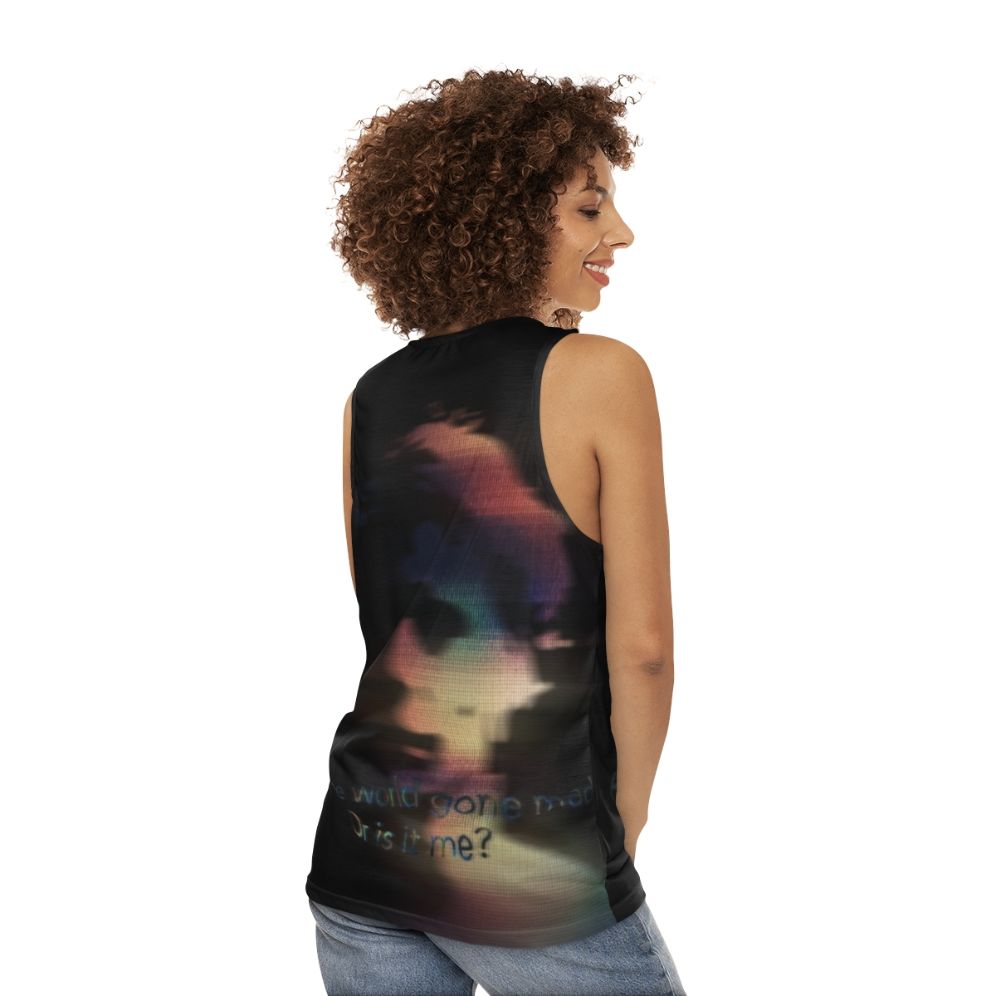 Unisex tank top with abstract art and lyrical design - women back