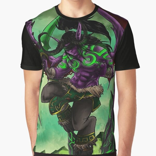 Illidan Stormrage, the Betrayer, from World of Warcraft featured on a graphic t-shirt design.