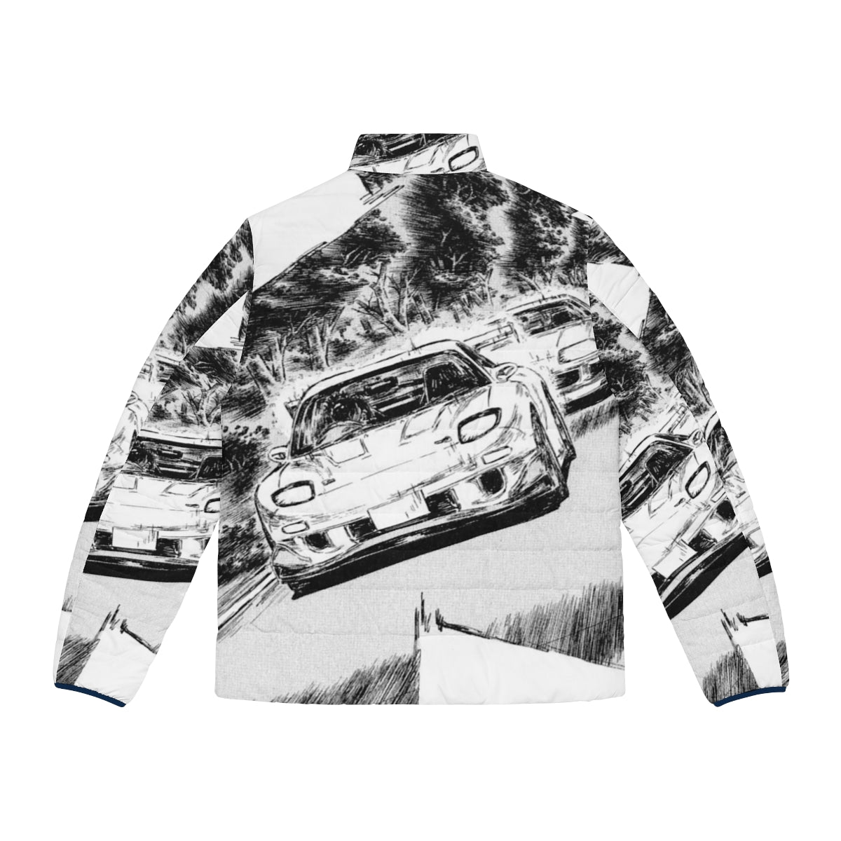 Initial D Rx7 vs Supra V2 Puffer Jacket featuring iconic anime and automotive graphics - Back