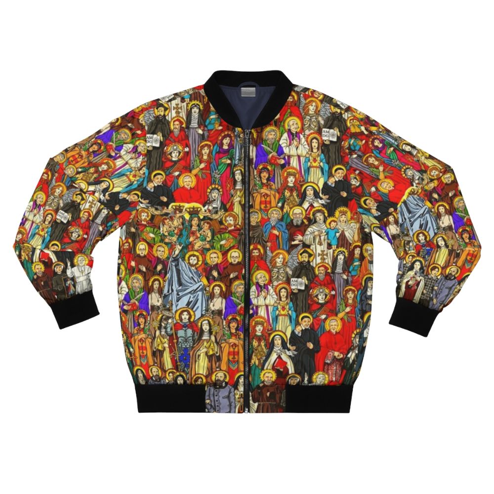 Blessed Saints Bomber Jacket featuring Catholic saints and religious imagery