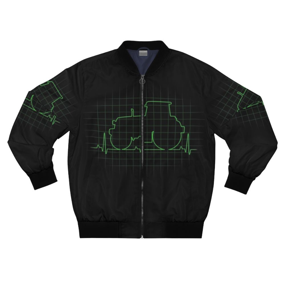 A bomber jacket with a tractor heartbeat design, perfect for farmers and tractor enthusiasts.