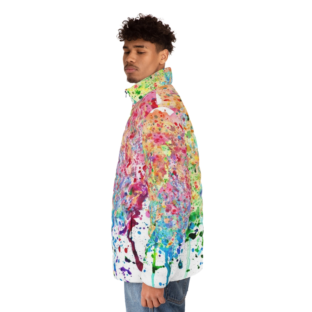 Colorful rainbow paint splatter puffer jacket - men side left