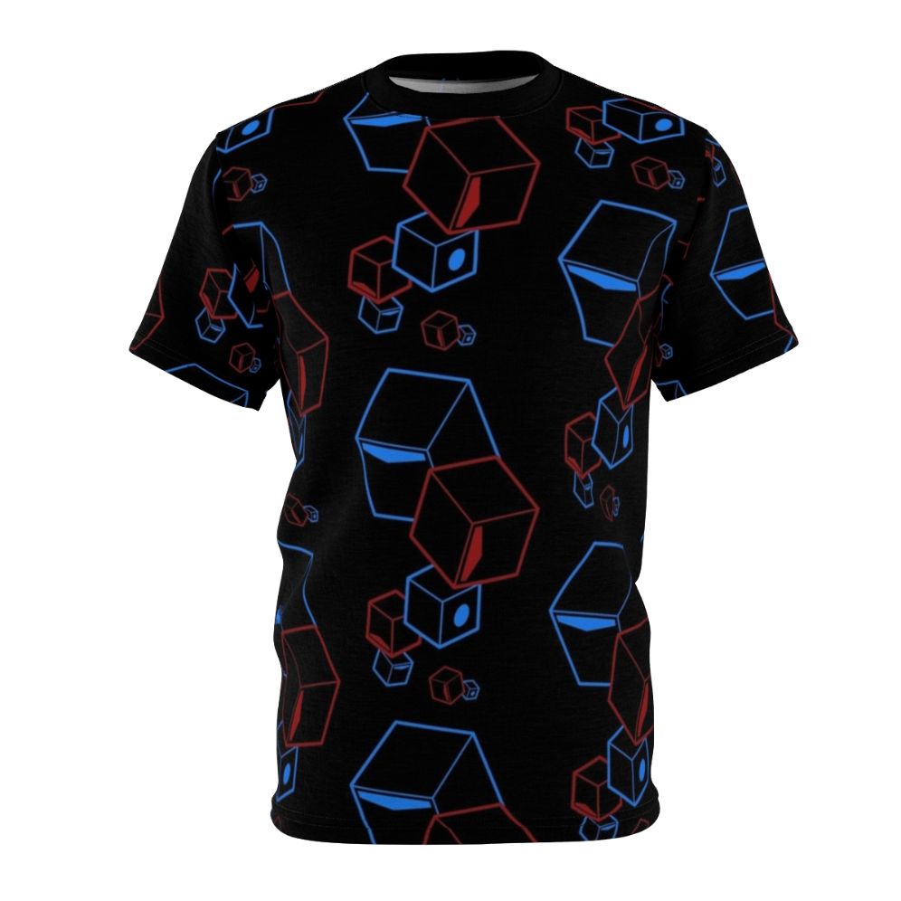 Vibrant custom t-shirt with Beat Saber-inspired design featuring floating colorful blocks