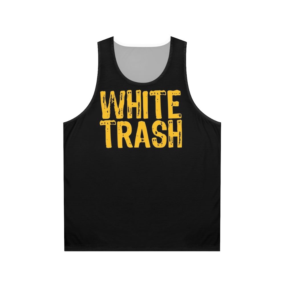 Unisex white tank top with funny "trailer trash" design