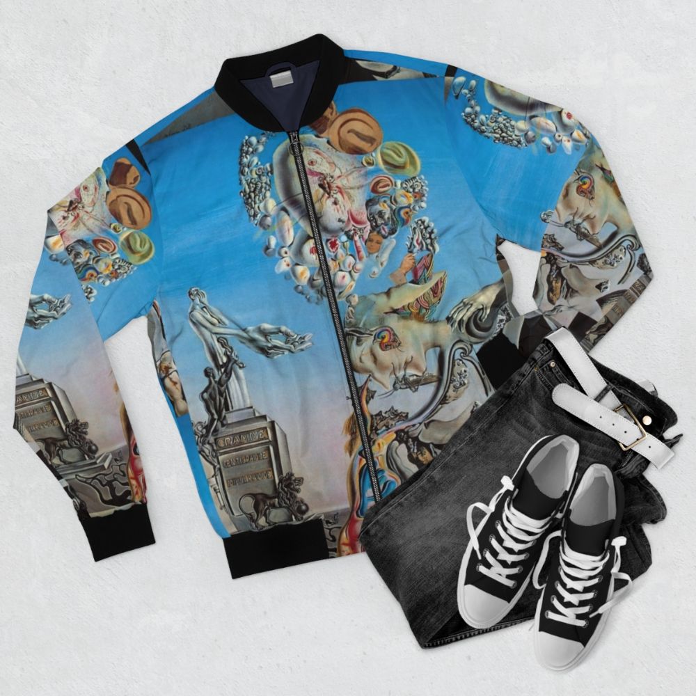 Surrealist bomber jacket with melting landscape and Dali-esque elements - Flat lay