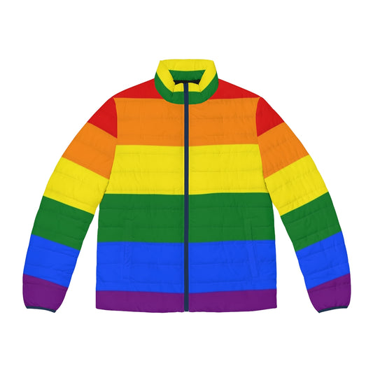 LGBTQIA+ Pride Rainbow Puffer Jacket, showcasing a vibrant rainbow design