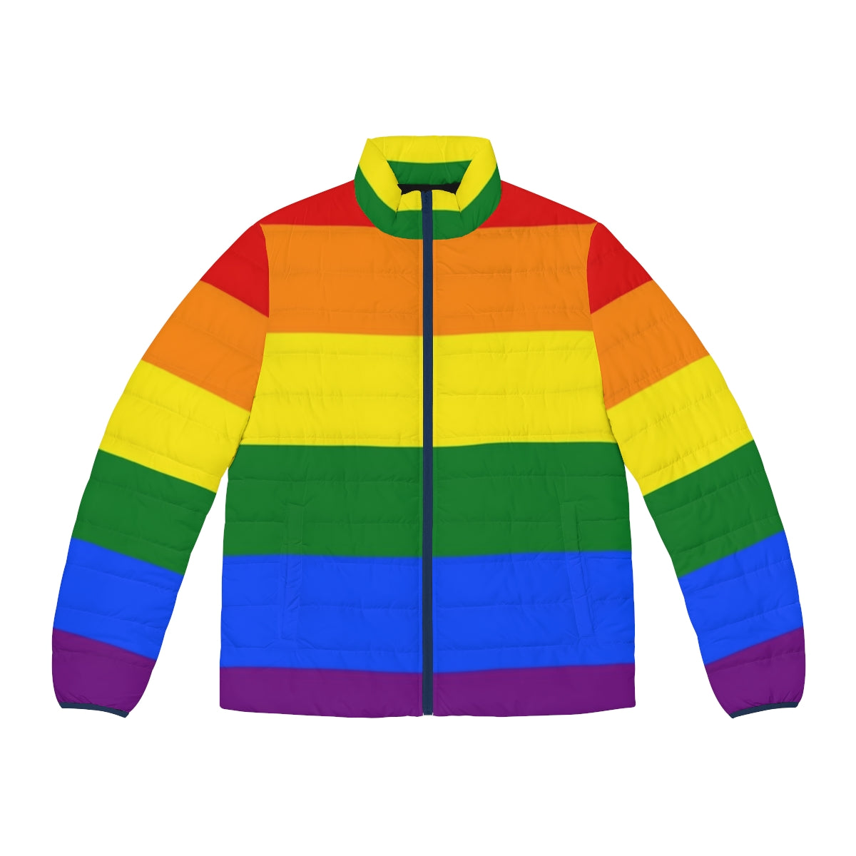 A colorful puffer jacket featuring a design of cute rabbits in rainbow pride colors