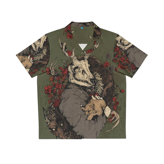 Vibrant Hawaiian shirt with a dragon and nature-inspired design