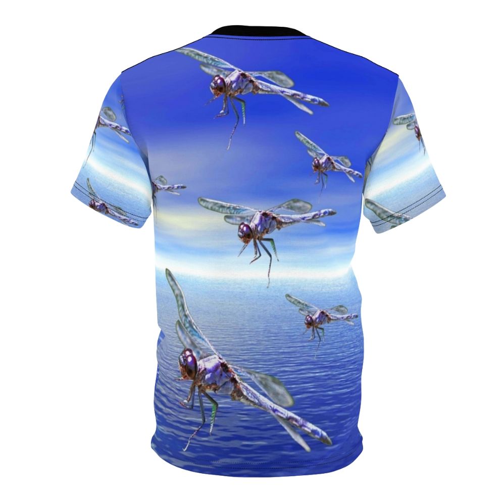 Model wearing a colorful t-shirt with a vibrant dragonfly and abstract pattern design - Back