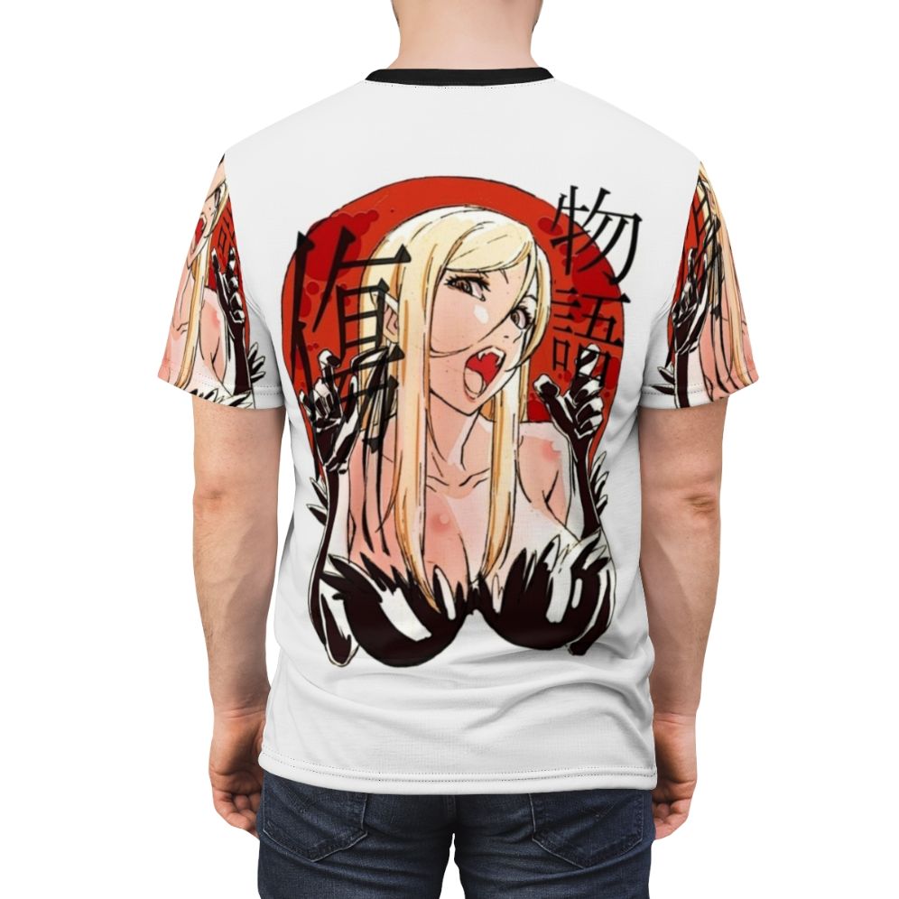 Stylized t-shirt design featuring the character Kiss Shot from the Monogatari anime series - men back