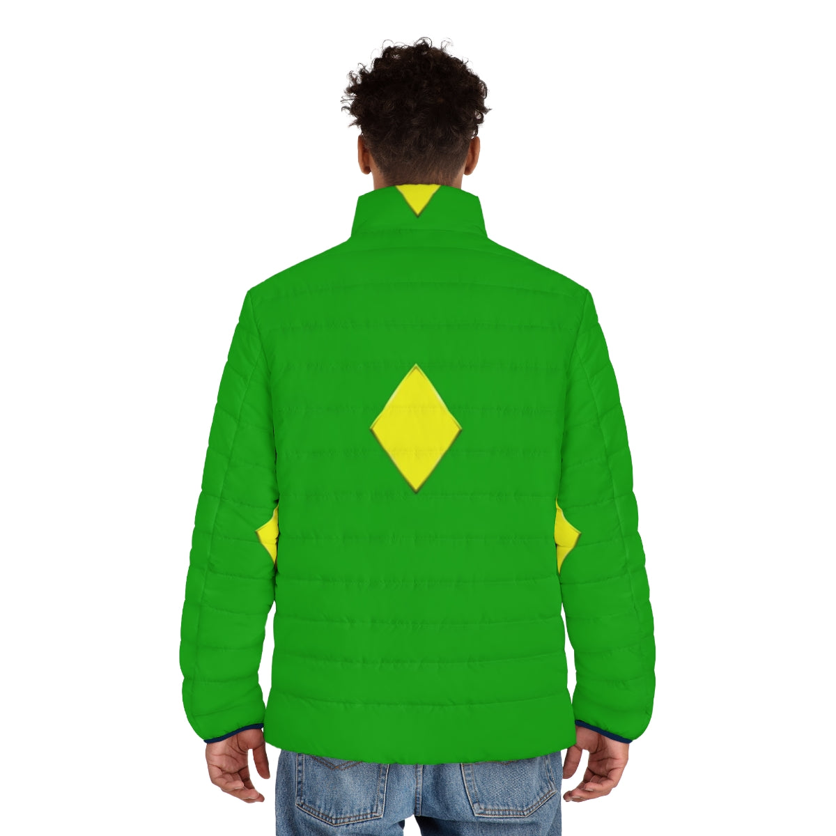 Yellow diamond puffer jacket with superhero-inspired design - men back