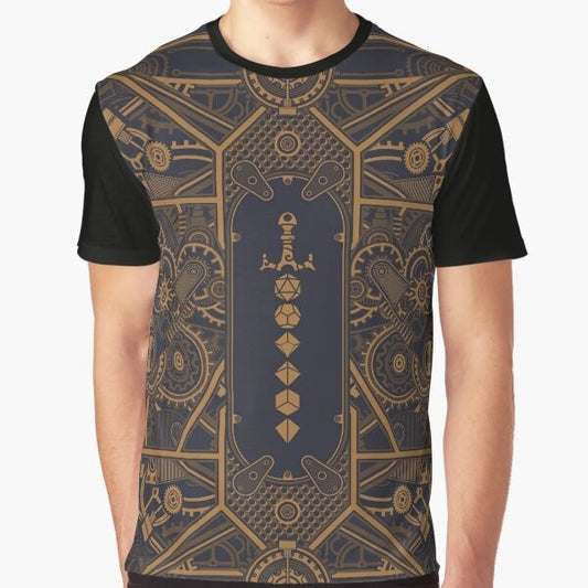 Steampunk-inspired t-shirt design featuring polyhedral dice and a dice sword, perfect for tabletop RPG enthusiasts.