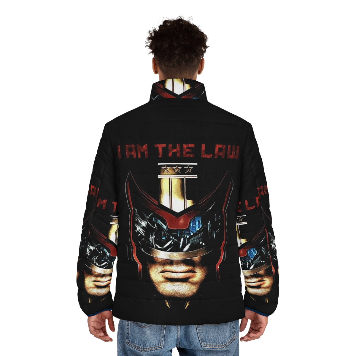 Futuristic "I Am The Law" puffer jacket with dystopian law enforcement design - men back