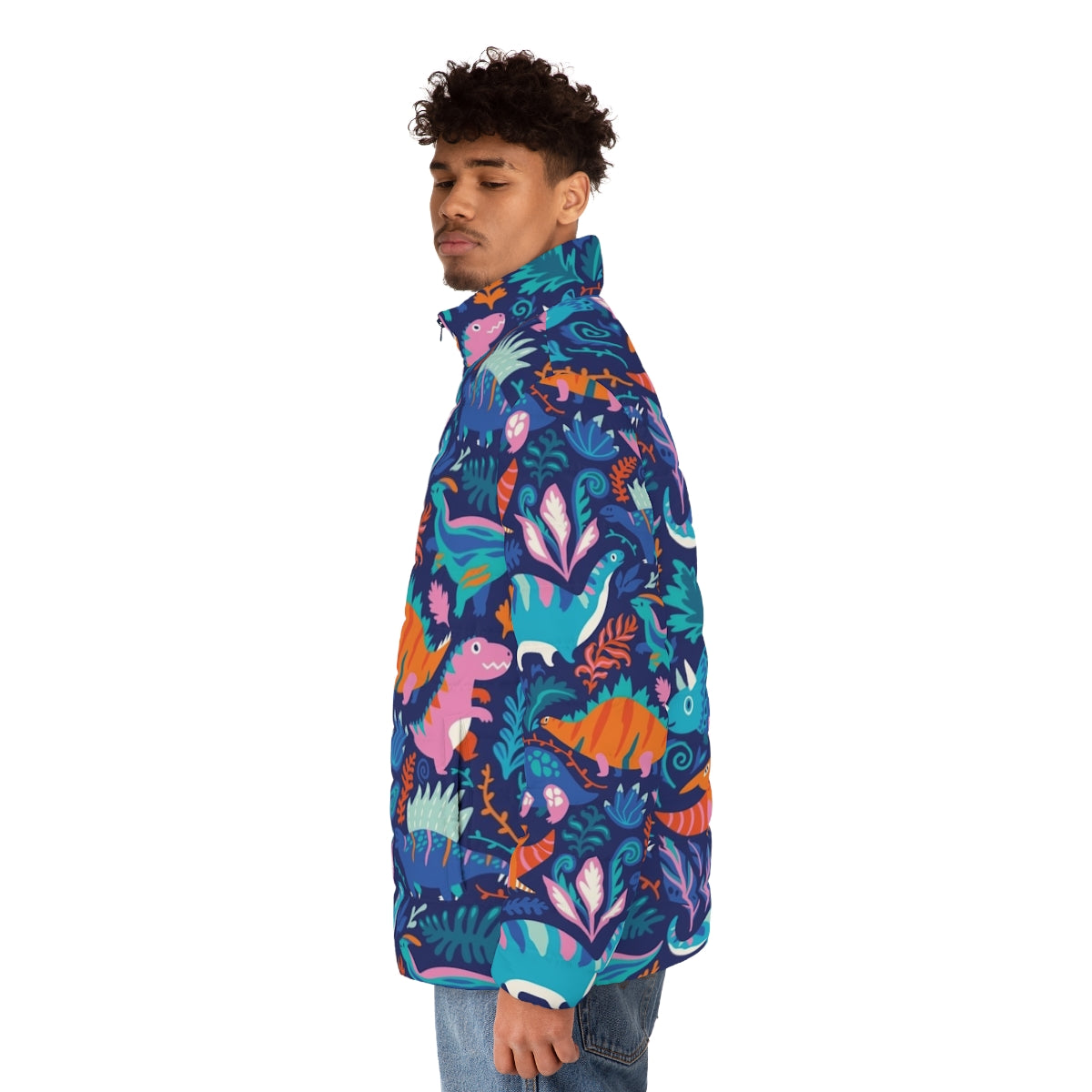 Dino Team 1 Puffer Jacket for children featuring a fun dinosaur graphic design - men side left