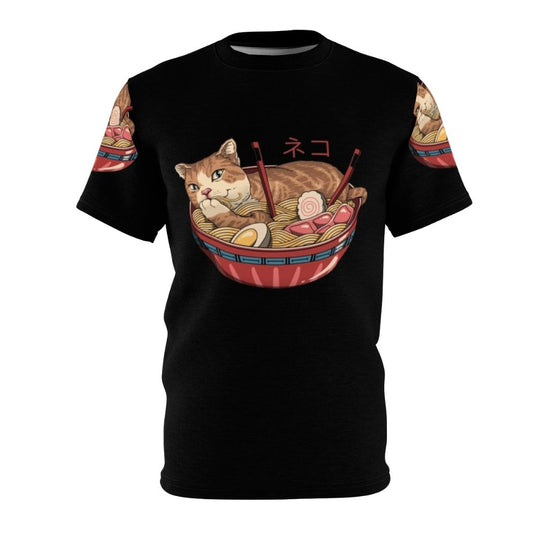 Vibrant t-shirt design featuring a cat-inspired ramen bowl illustration