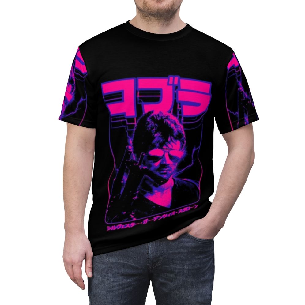 Retro-style t-shirt featuring a pixelated design inspired by the 1980s action movie Cobra - men front