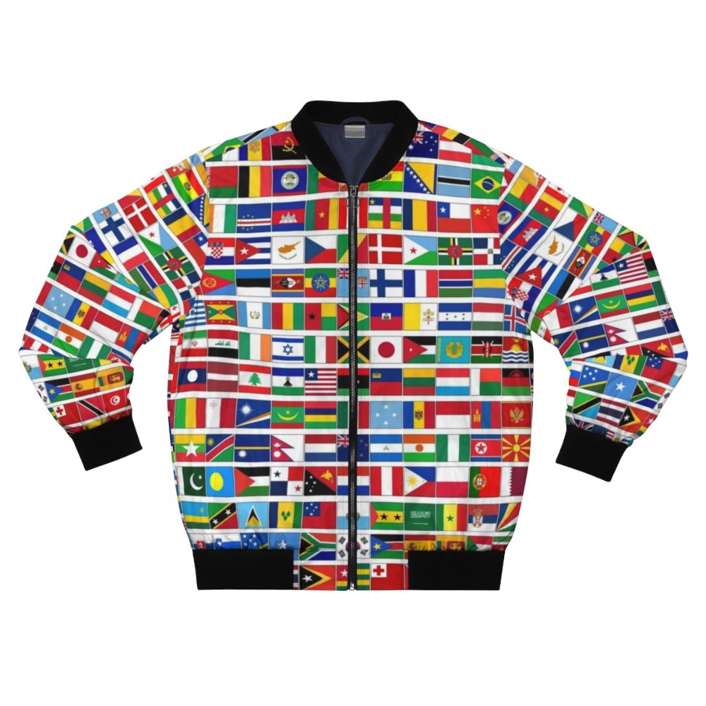 Bomber jacket featuring flags of all countries in the world for international events