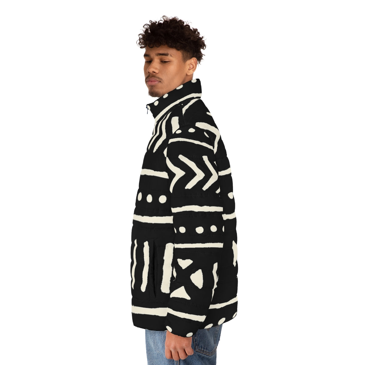 African Mud Cloth Black and White Puffer Jacket - men side left