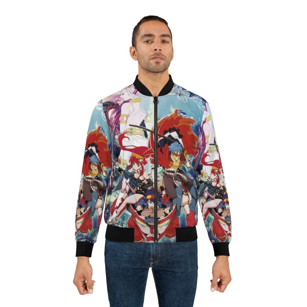 Tengen Toppa Gurren Lagann anime-inspired bomber jacket featuring characters Kamina, Yoko Littner, Nia Teppelin, and Rossiu. - Lifestyle