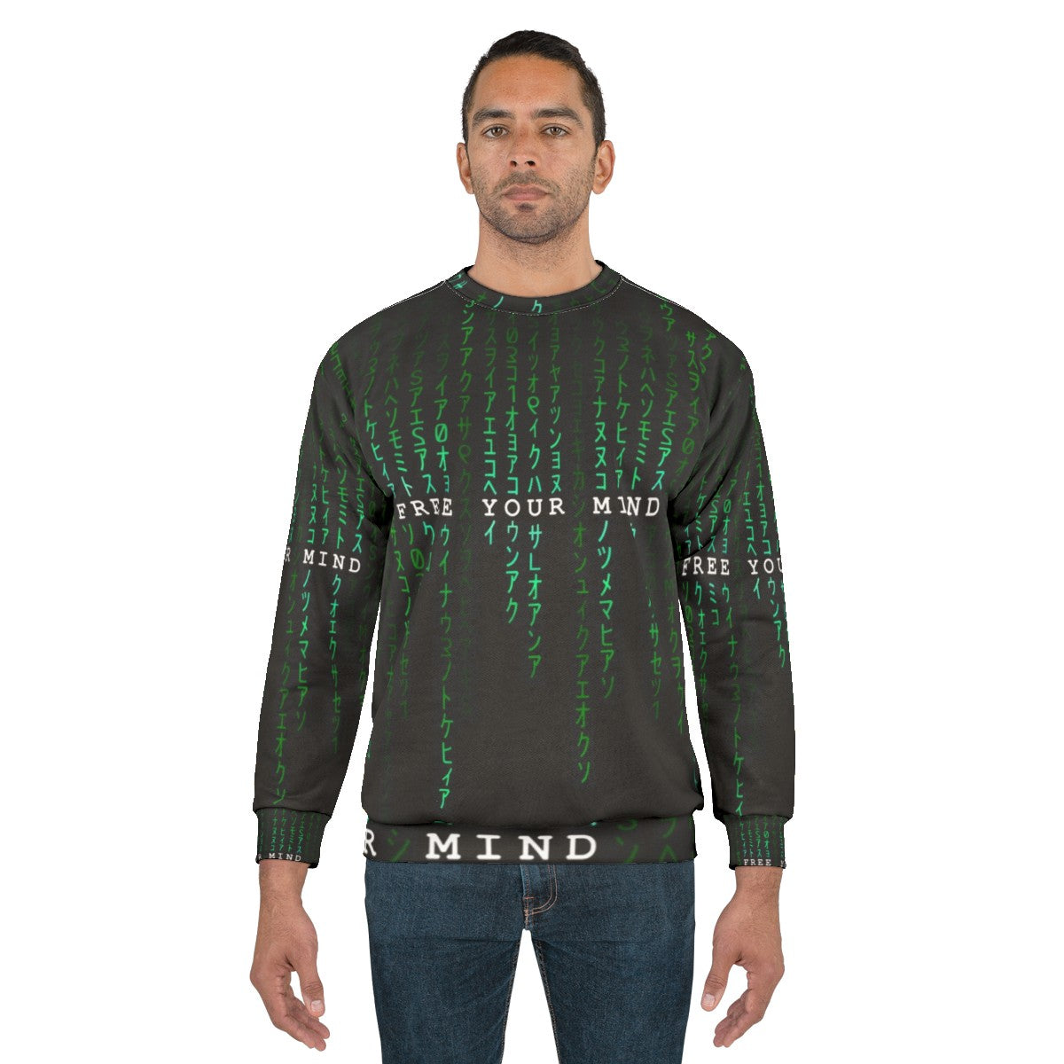 "Free Your Mind" sci-fi sweatshirt with digital rain design - men