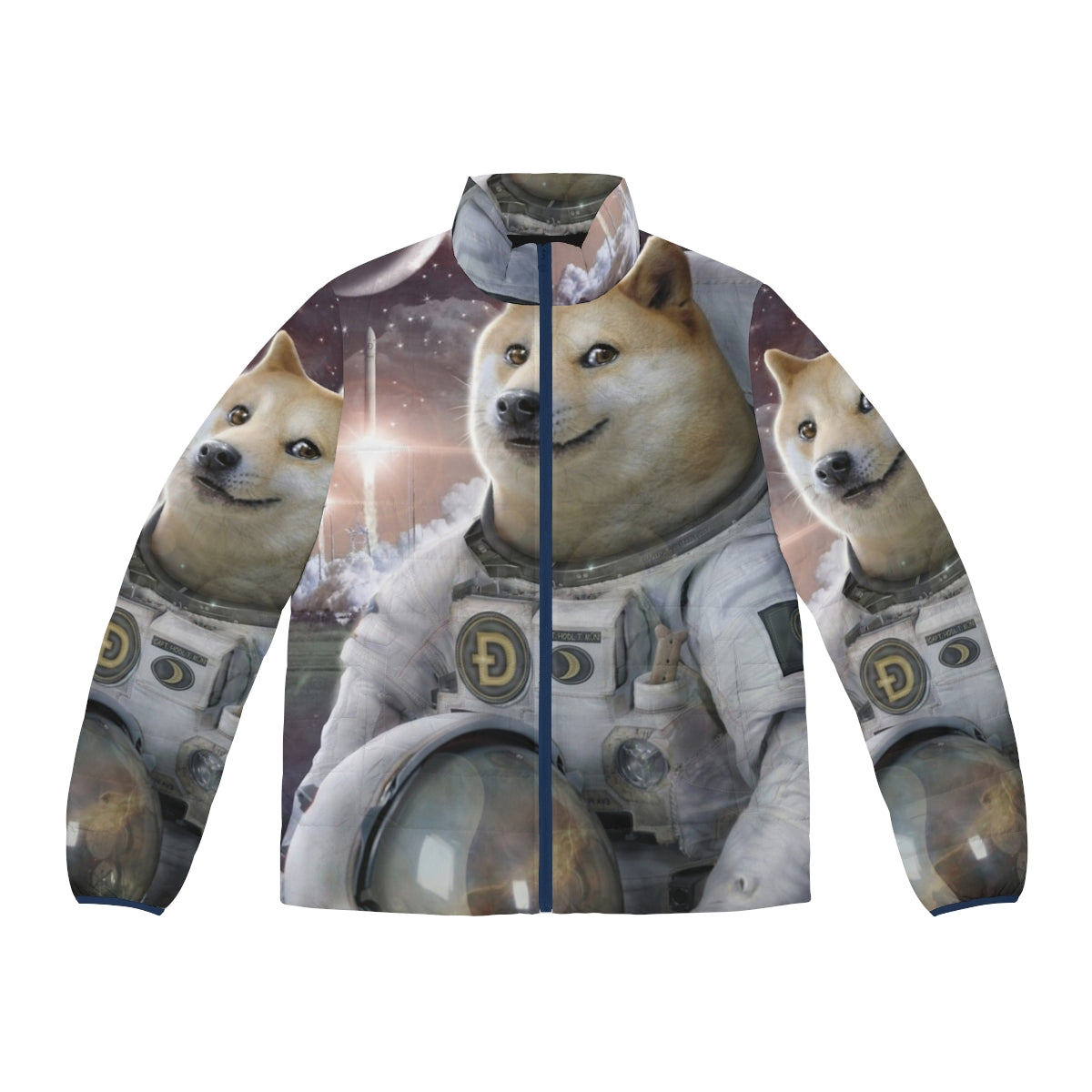 Doge astronaut puffer jacket with galaxy and space motifs