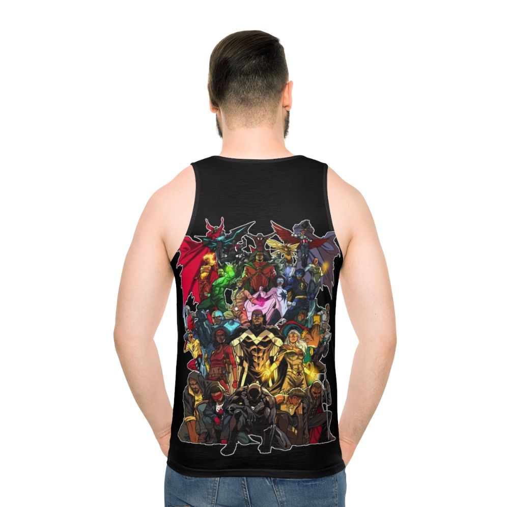 Unisex tank top featuring a graphic design celebrating heroes of color - men back