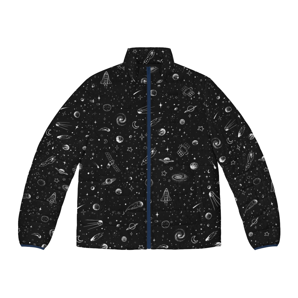 A stylish space puffer jacket featuring a galaxy print design