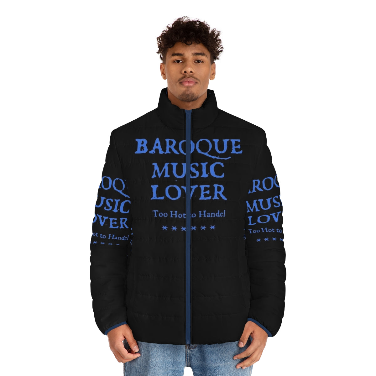 Classical and baroque music lover wearing a funny puffer jacket with a Handel tribute design - men front