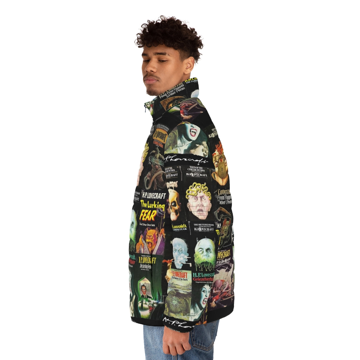 H.P. Lovecraft-inspired puffer jacket with horror book graphics - men side left