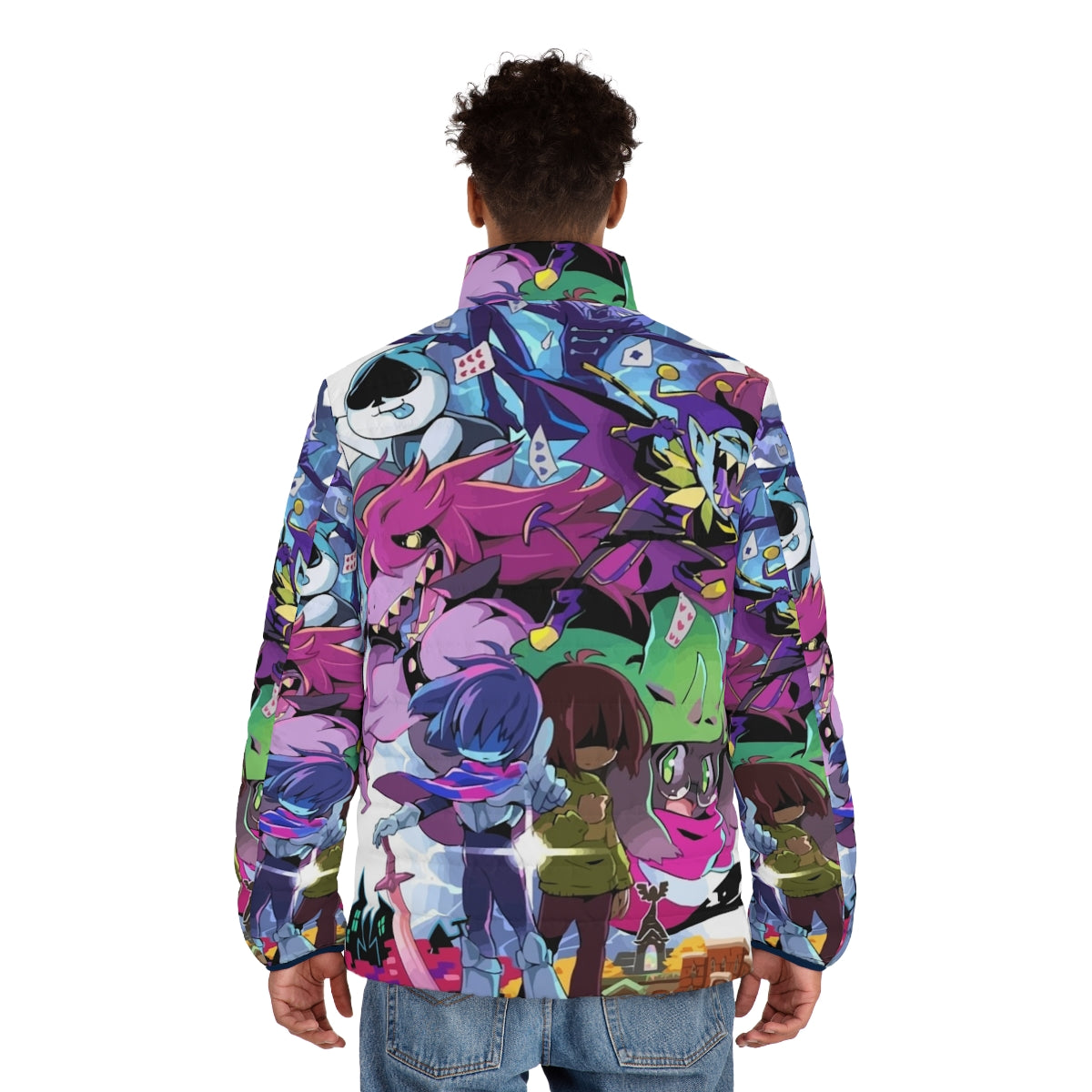 Deltarune Adventure Puffer Jacket with Kris, Susie, and Ralsei graphic - men back