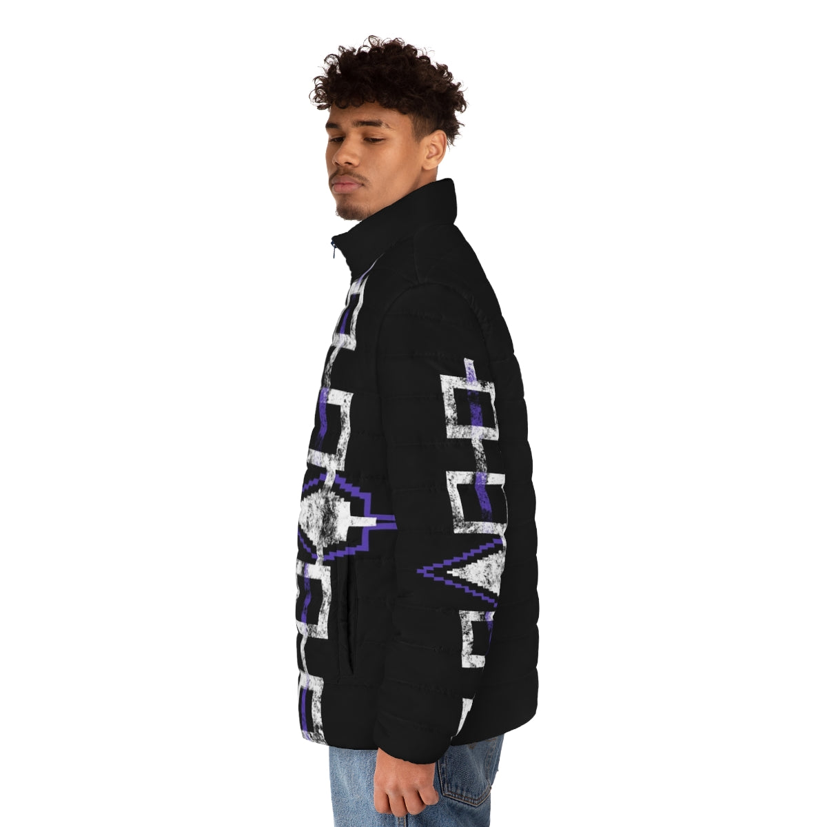 Haudenosaunee Hiawatha Belt Puffer Jacket with Native American Flag Design - men side left