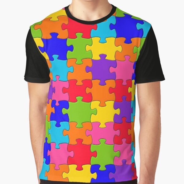 Vibrant jigsaw puzzle graphic t-shirt with a colorful rainbow mosaic pattern