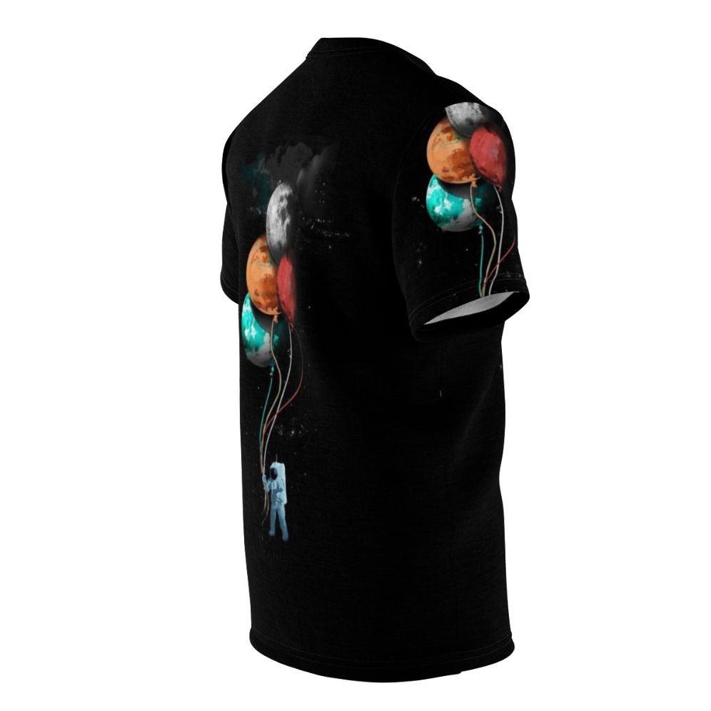 Cosmic Spaceman T-Shirt with a surreal, artsy space design featuring a spaceman, planets, and floating balloons - men right