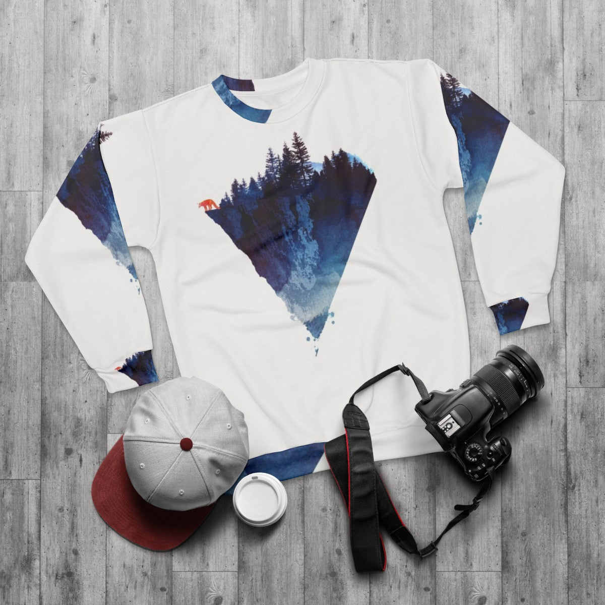 Watercolor forest sweatshirt with a majestic fox - flat lay