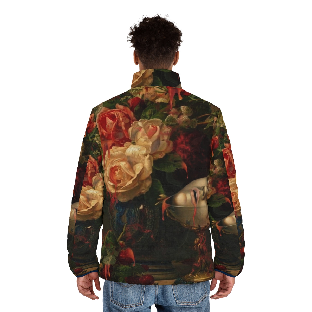 Dark Spring Puffer Jacket featuring surreal, lowbrow, gothic digital art - men back