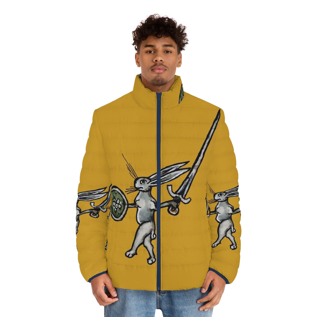 A puffer jacket featuring a rabbit warrior design, perfect for medieval, gothic, and emo fashion. - men front