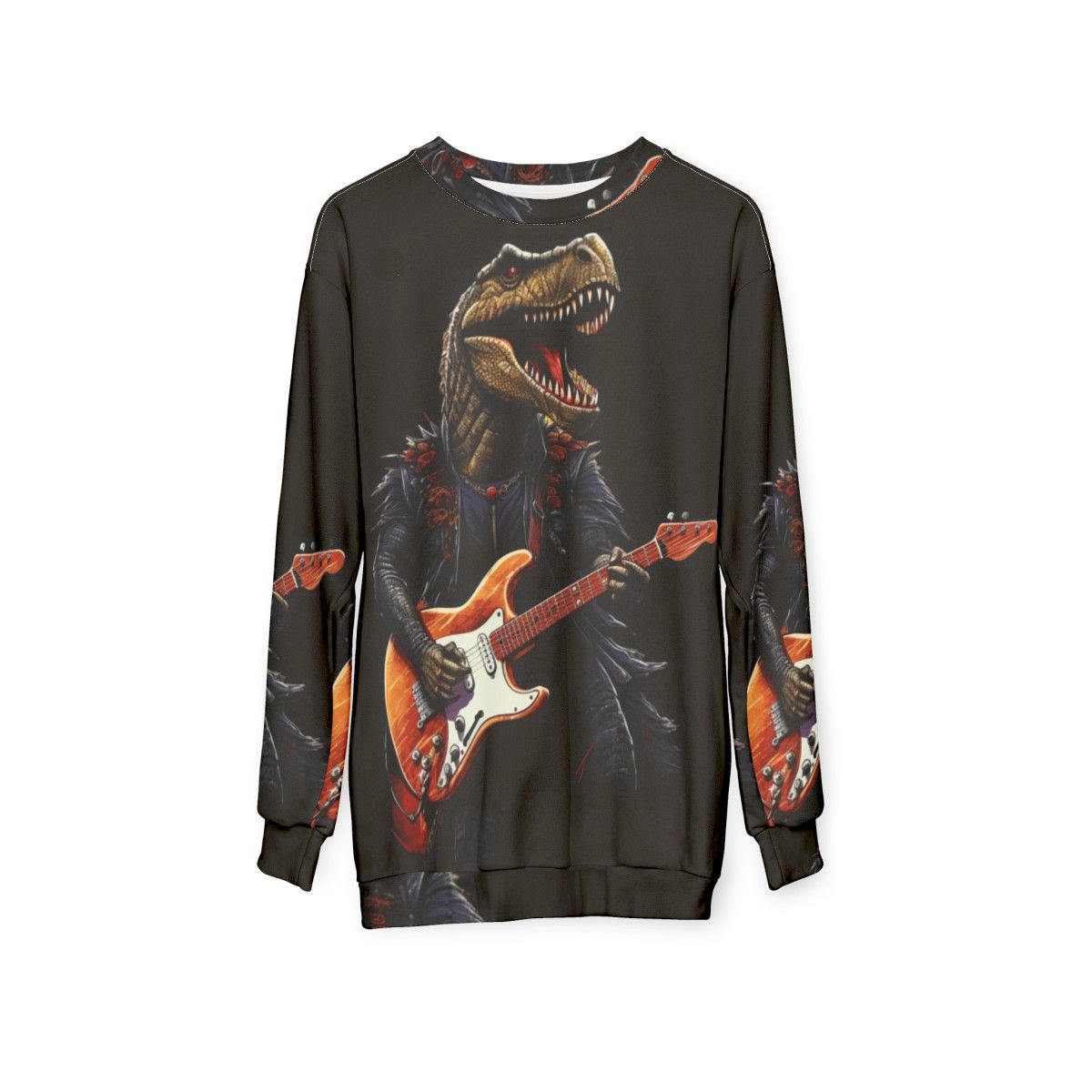 Dinosaur playing guitar illustration on a sweatshirt - hanging