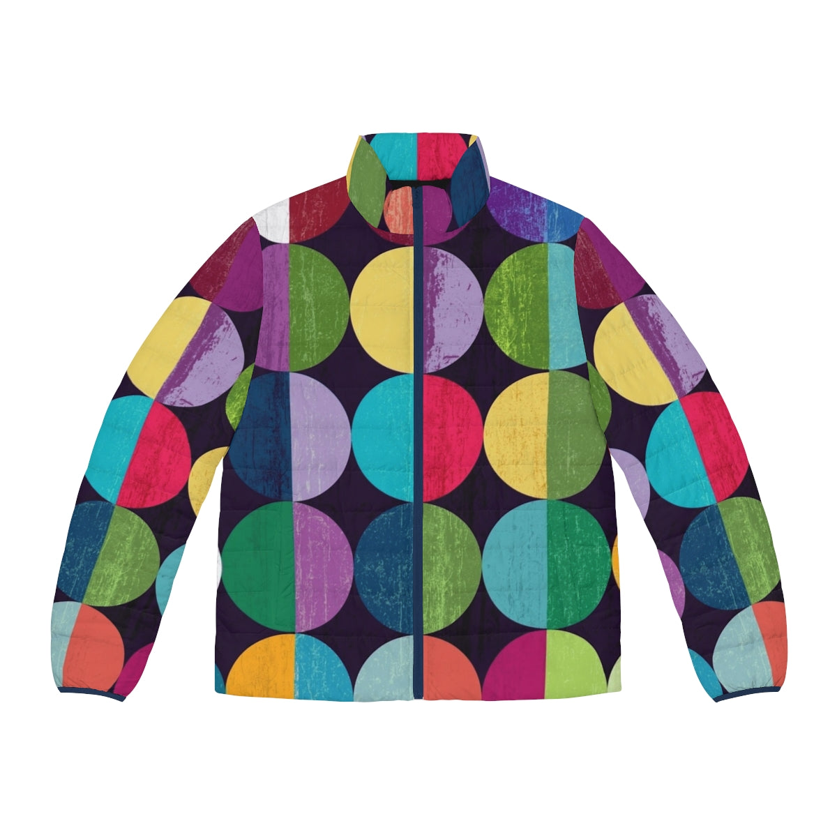 Fashionable moon-patterned puffer jacket with geometric design