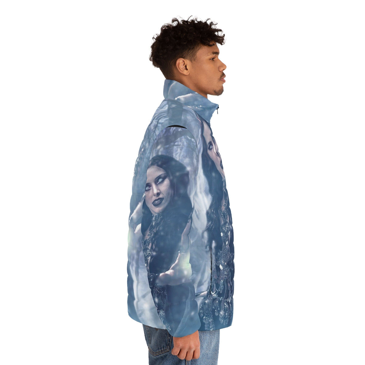 A cozy and stylish puffer jacket featuring Beyond the Black fanart design - men side right