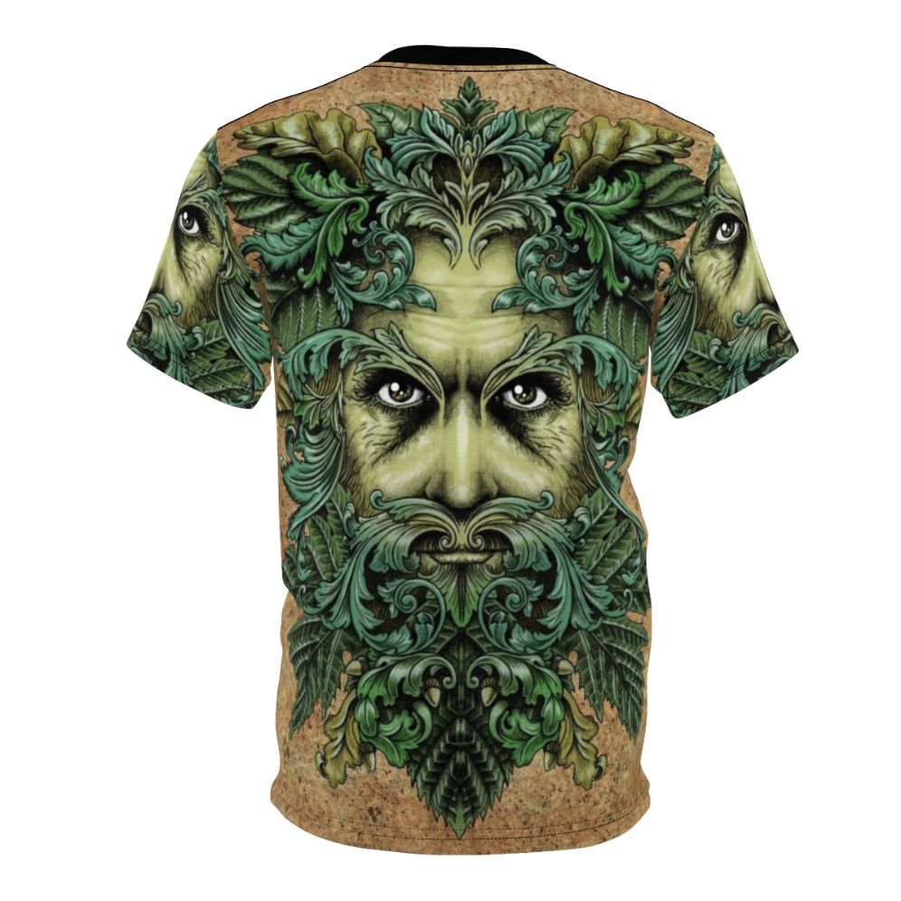 Artistic t-shirt featuring a green man design with ornate, fantasy-inspired scrollwork and leaves - Back