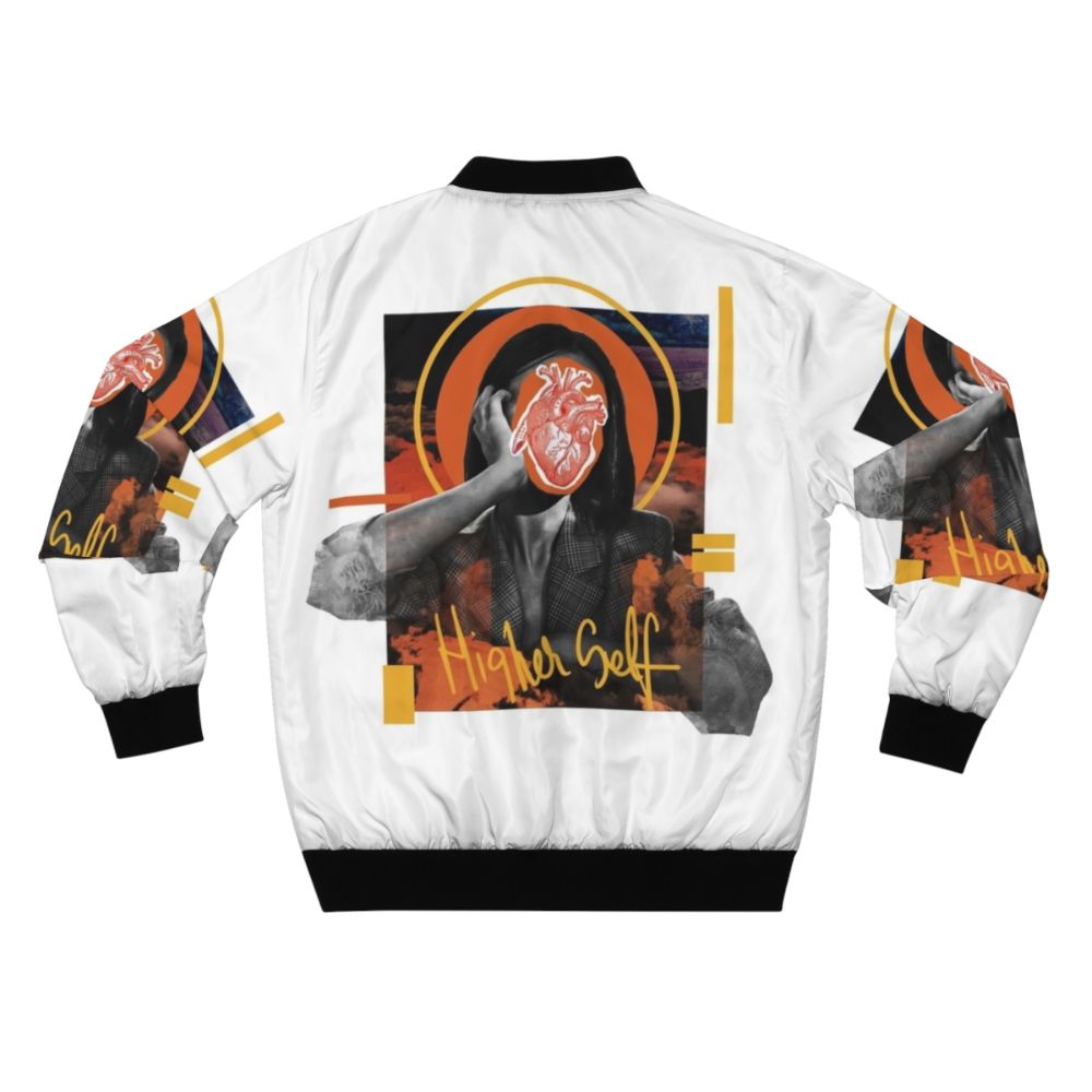 Higher Self Abstract Digital Collage Bomber Jacket featuring an orange and heart-themed design - Back