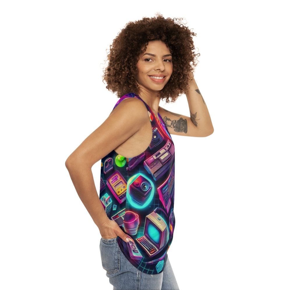 Retro-inspired colorful tech unisex tank top - women side