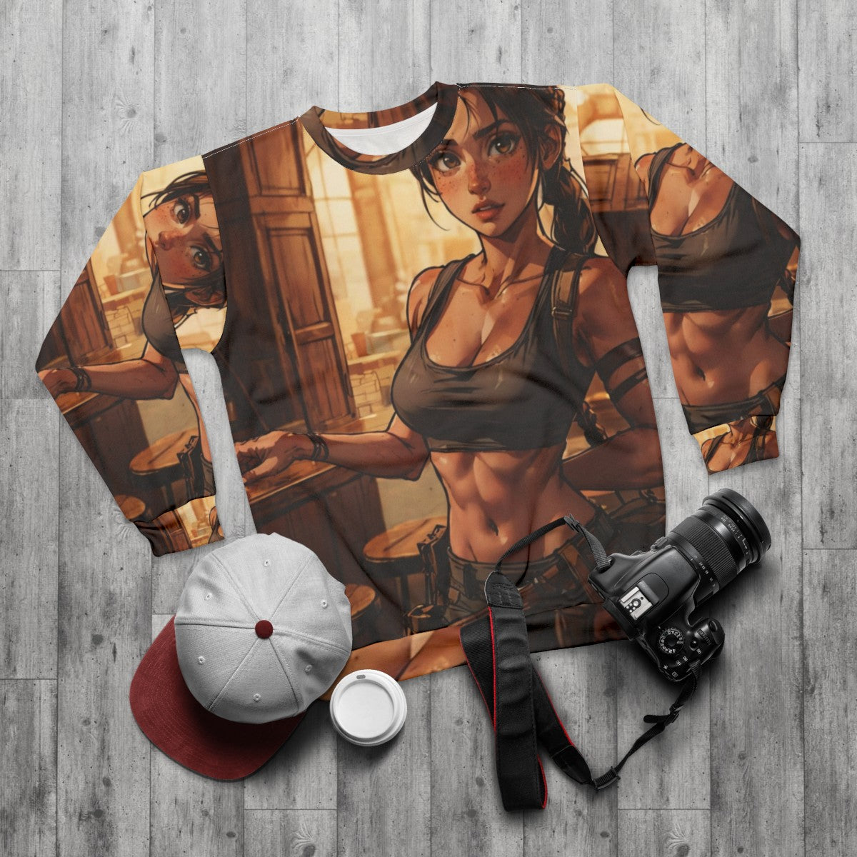 Young Lara Croft-inspired sweatshirt design - flat lay