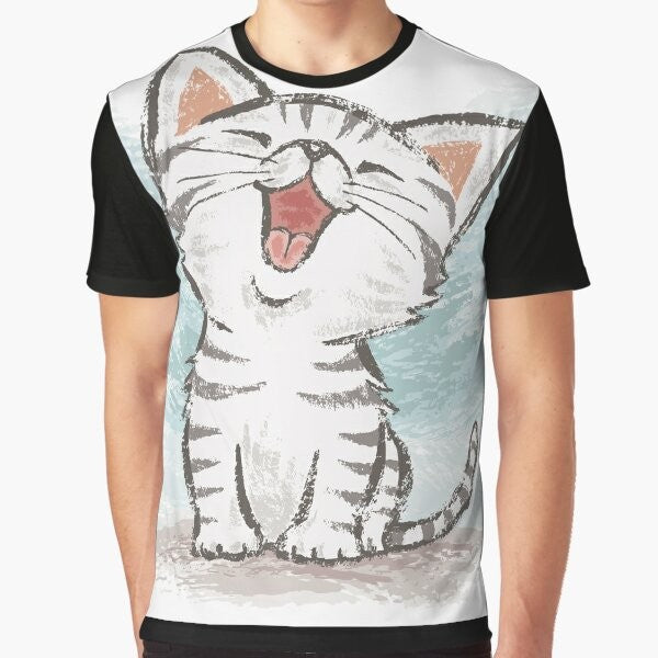 Adorable cartoon illustration of a happy, smiling American Shorthair cat on a graphic t-shirt design.